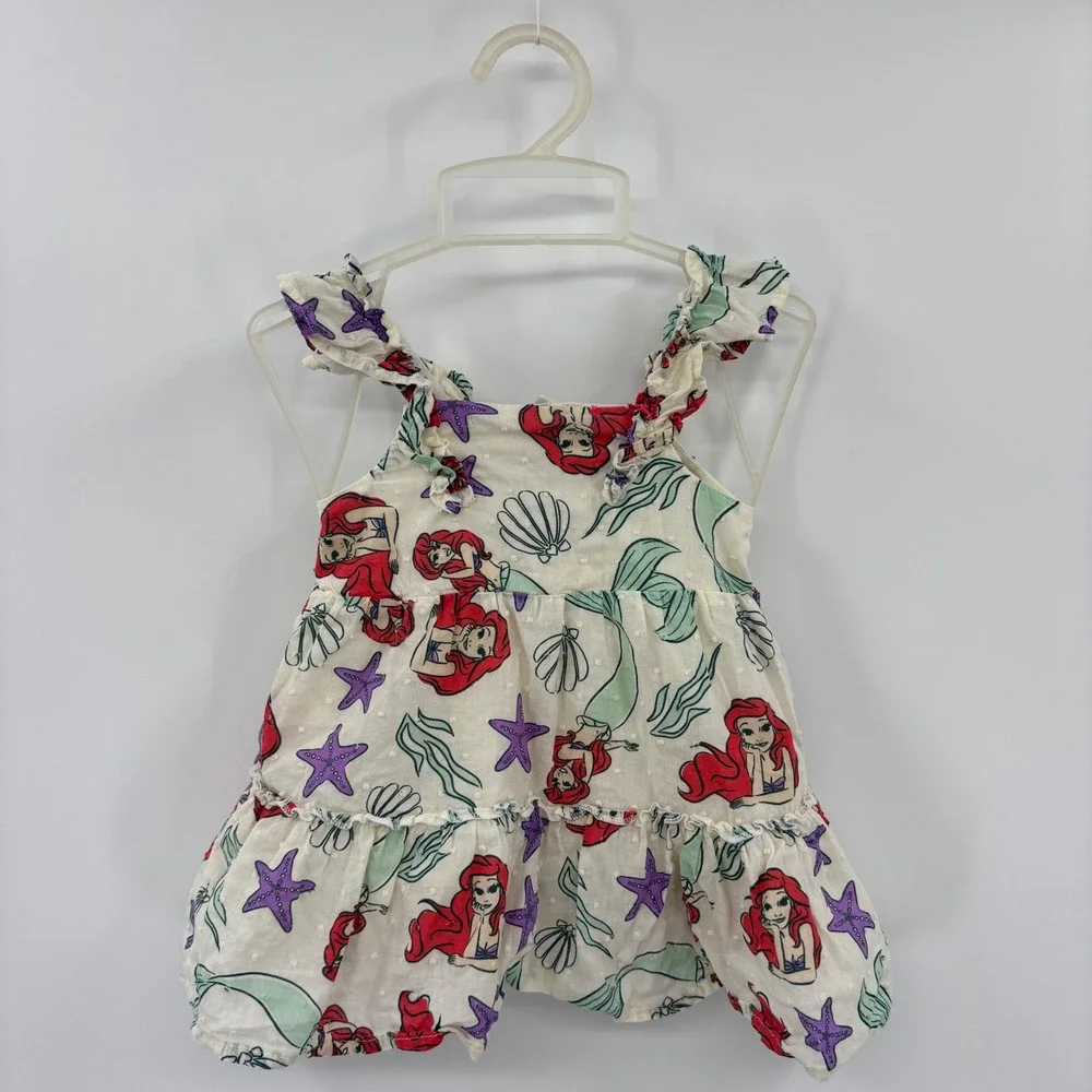 Disney Princess Ariel Mermaid Sun Dress Kids 6/9M White Red Ruffle Tiered Cotton